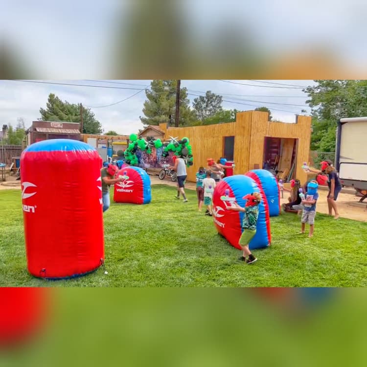 Gellyball 7v7 setup with inflatable bunkers