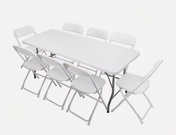 Stacked tables and chairs ready for delivery